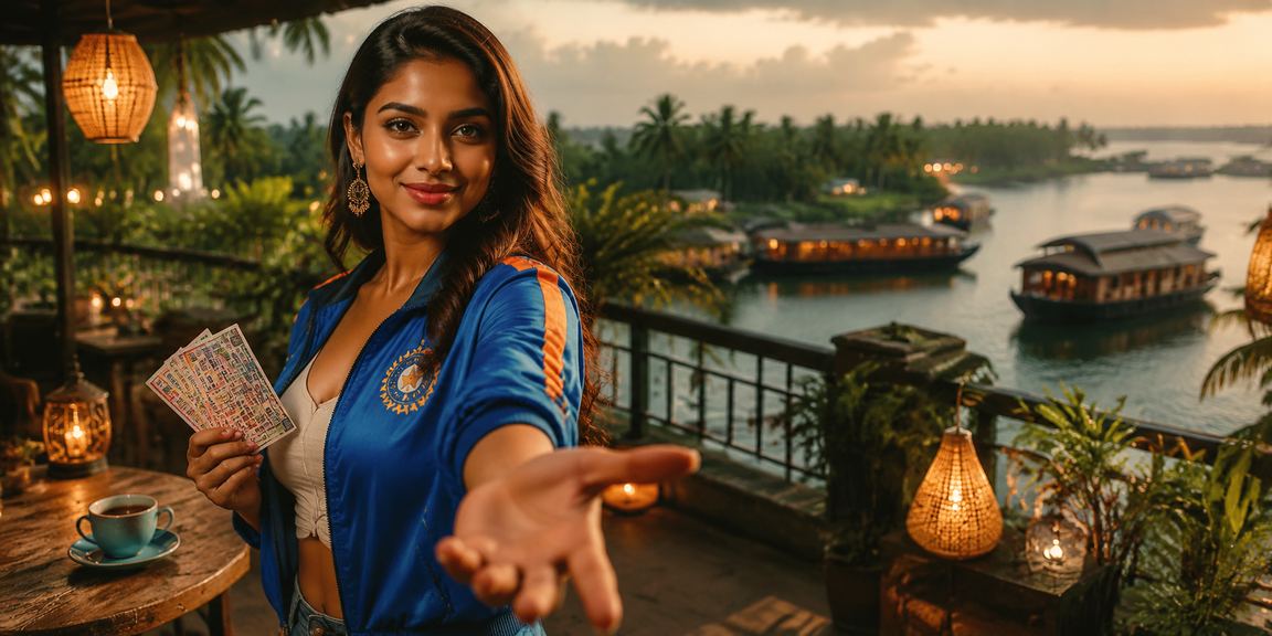 Cricket fan using mobile payment apps in Kerala backwaters setting