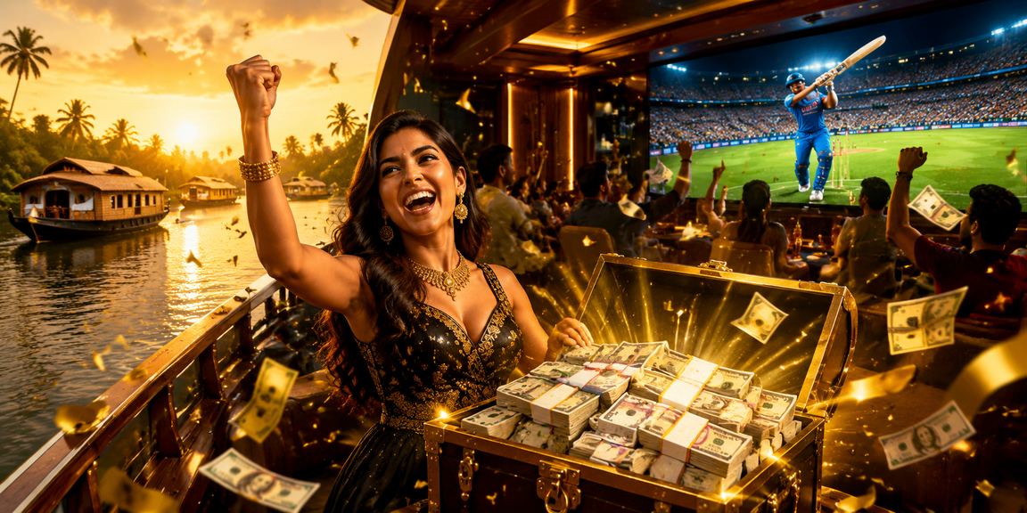 Kerala backwaters with cricket betting theme and Indian player