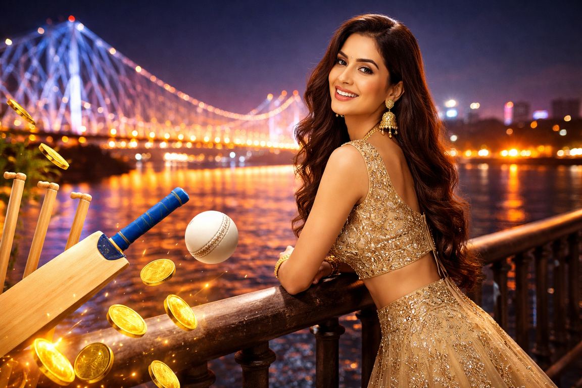 Players enjoying card games online in Kolkata, Howrah Bridge in the background